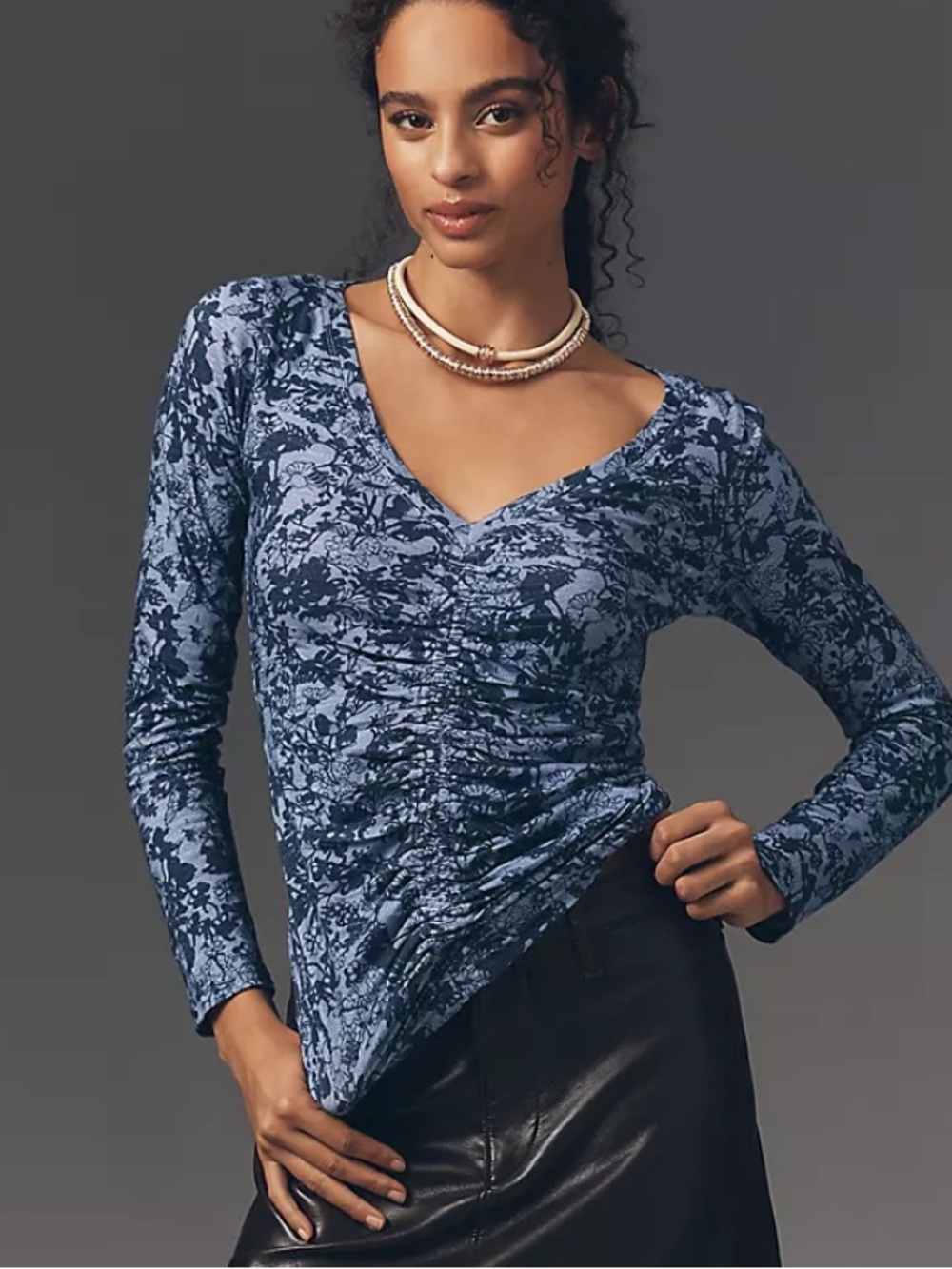 Anthropologie Pilcro Blue Floral Long Sleeve Cinched V-Neck Top